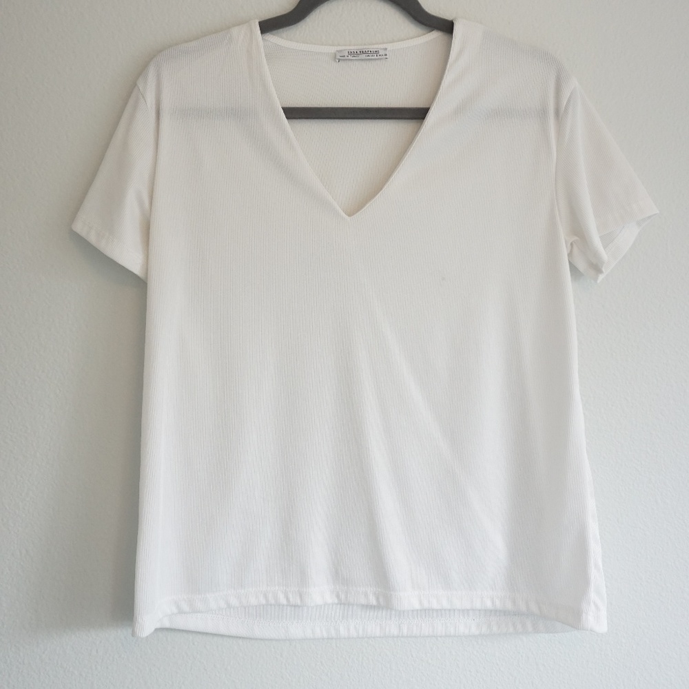 Zara Jersey Ribbed Basic White Tee